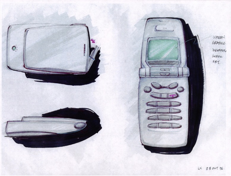 Sketches and notes for a clamshell phone, transparencies. Sketches and notes for a clamshell phone. Dale Frye and Jeff Deacon.